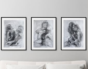 Minimalist Black and White Gallery Wall Set – Modern Bedroom Decor – A3 Original Oil Paintings