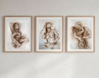 Bedroom Wall Art Set of 3 Oil Painting, Neutral Sensual Nude Triptych, Above Bed Decor, Minimalist Beige Wall Art