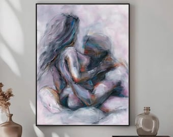 Passionate Couple Art Print, Abstract Erotic Painting Canvas Print, Sensual Lovers Bedroom Wall Decor, Romantic Anniversary Gift for Husband