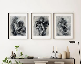 Set of three Sensual Art : Black and White  Original  Painting A3 (11.7 x 16.5 inches)