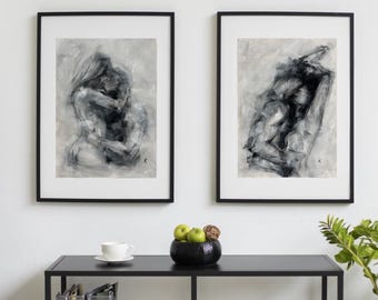Set di due opere d'arte sensuali: dipinti originali in bianco e nero.