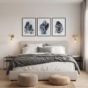Set of 3 Original Paintings, Black and White Sensual Art, Bedroom Wall Decor image 2