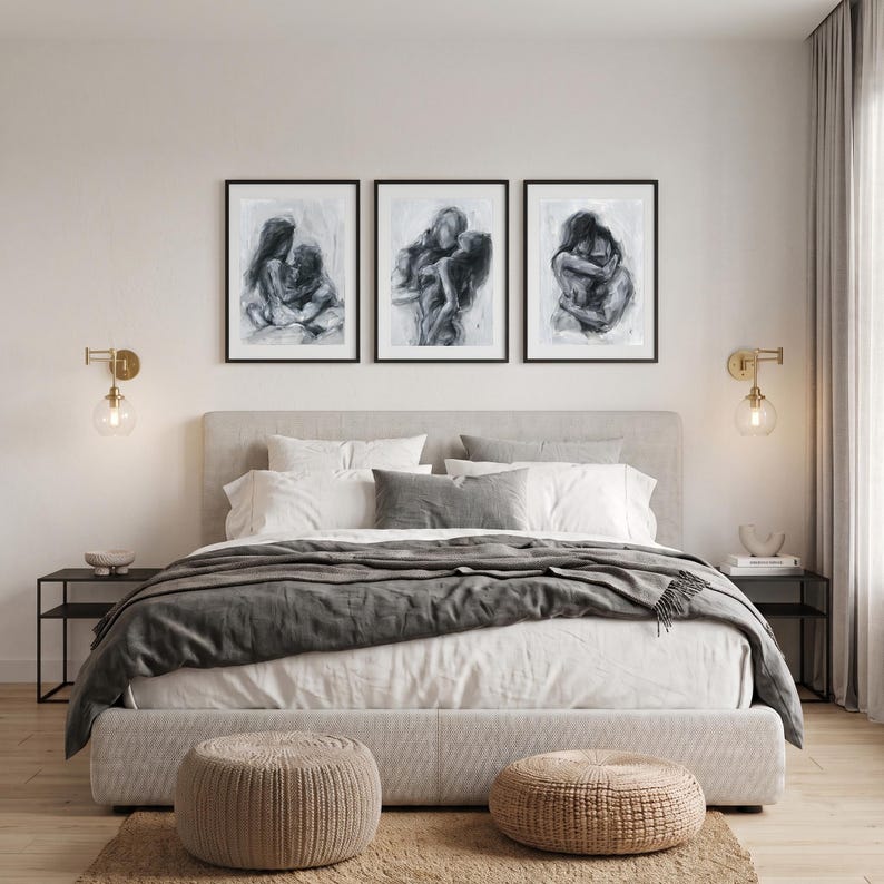 Set of 3 Original Paintings, Black and White Sensual Art, Bedroom Wall Decor image 2
