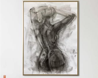Large Charcoal Nude Art, Handmade Figure Drawing (20x27.5 inch)