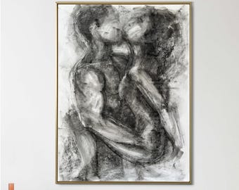 Grote minimalistische houtskooltekening – abstract paar omarmen, handgemaakte kunst 20 x 28 inch B2