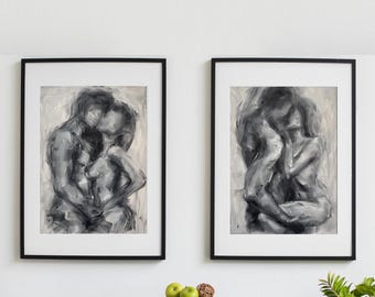 Set di due opere d'arte sensuali: dipinti originali in bianco e nero formato A3 (29,8 x 42 cm)
