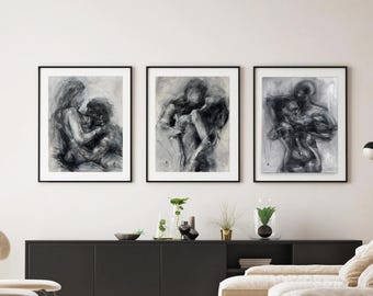 Set of three Sensual Art : Black and White  Original  Painting A3 (11.7 x 16.5 inches)