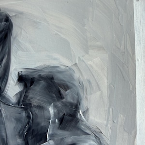 May include: An abstract oil painting on canvas featuring bold, expressive brushstrokes in shades of charcoal, slate gray, and white. The composition displays thick, layered paint textures with visible drips and sweeping motions across the surface.