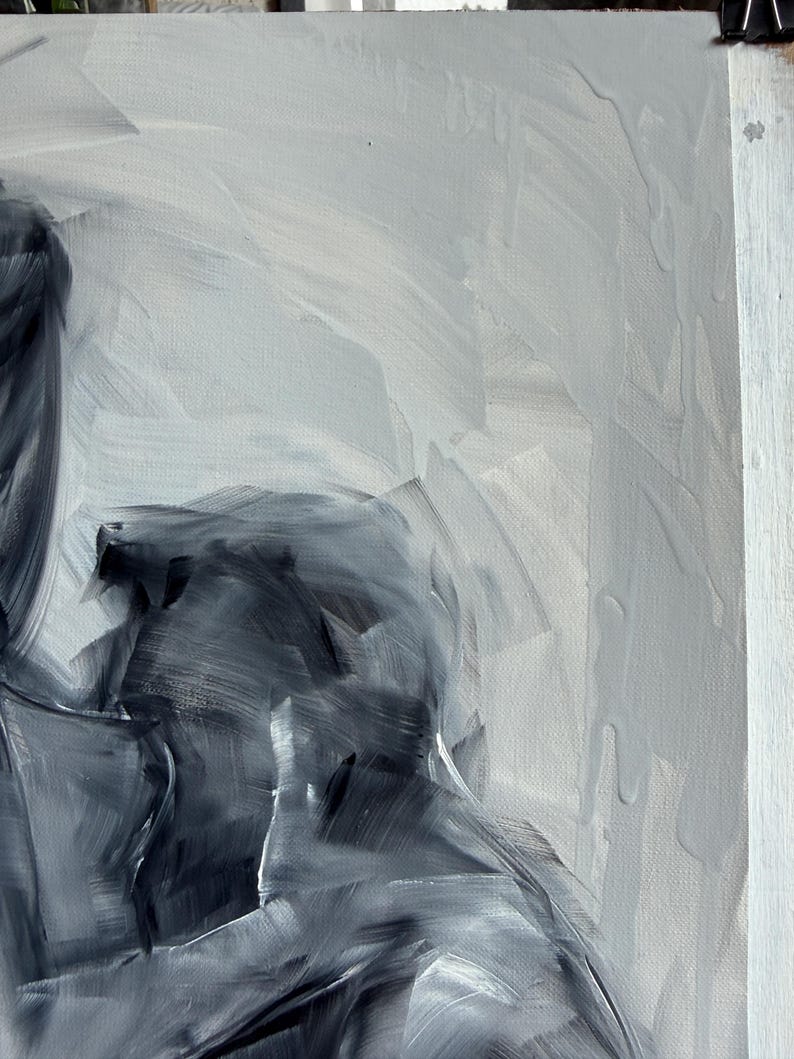May include: An abstract oil painting on canvas featuring bold, expressive brushstrokes in shades of charcoal, slate gray, and white. The composition displays thick, layered paint textures with visible drips and sweeping motions across the surface.