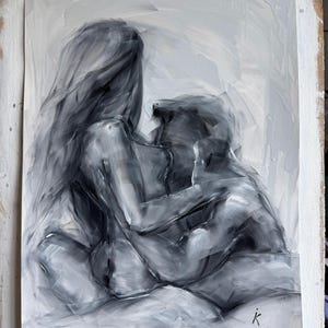 May include: An expressive oil painting in shades of black, white, and gray depicting two figures in an intimate embrace. The artwork features visible, bold brushstrokes that create a sense of movement and texture throughout the composition.