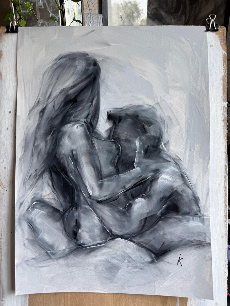 May include: An expressive oil painting in shades of black, white, and gray depicting two figures in an intimate embrace. The artwork features visible, bold brushstrokes that create a sense of movement and texture throughout the composition.