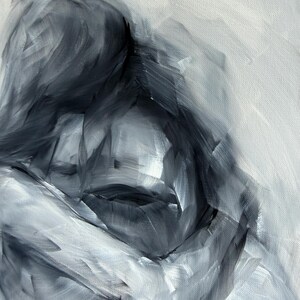 May include: An oil painting on canvas featuring an abstract, monochromatic composition in shades of charcoal, slate gray, and white. The artwork displays expressive, thick brushstrokes that create fluid, overlapping forms and textures.
