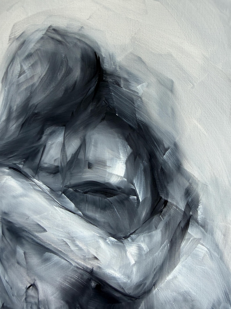 May include: An oil painting on canvas featuring an abstract, monochromatic composition in shades of charcoal, slate gray, and white. The artwork displays expressive, thick brushstrokes that create fluid, overlapping forms and textures.