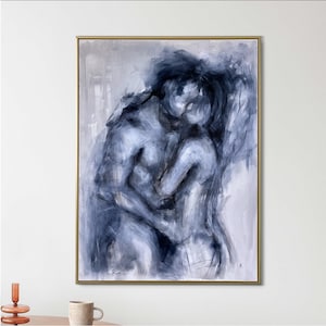 Large Minimalist Oil Painting - Abstract Embrace of Couple - Sensual Art for Bedroom original