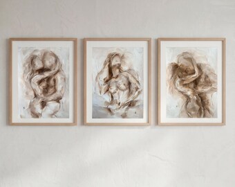 Bedroom Wall Art Set of 3 Oil Painting, Neutral Sensual Nude Triptych, Above Bed Decor, Minimalist Beige Wall Art