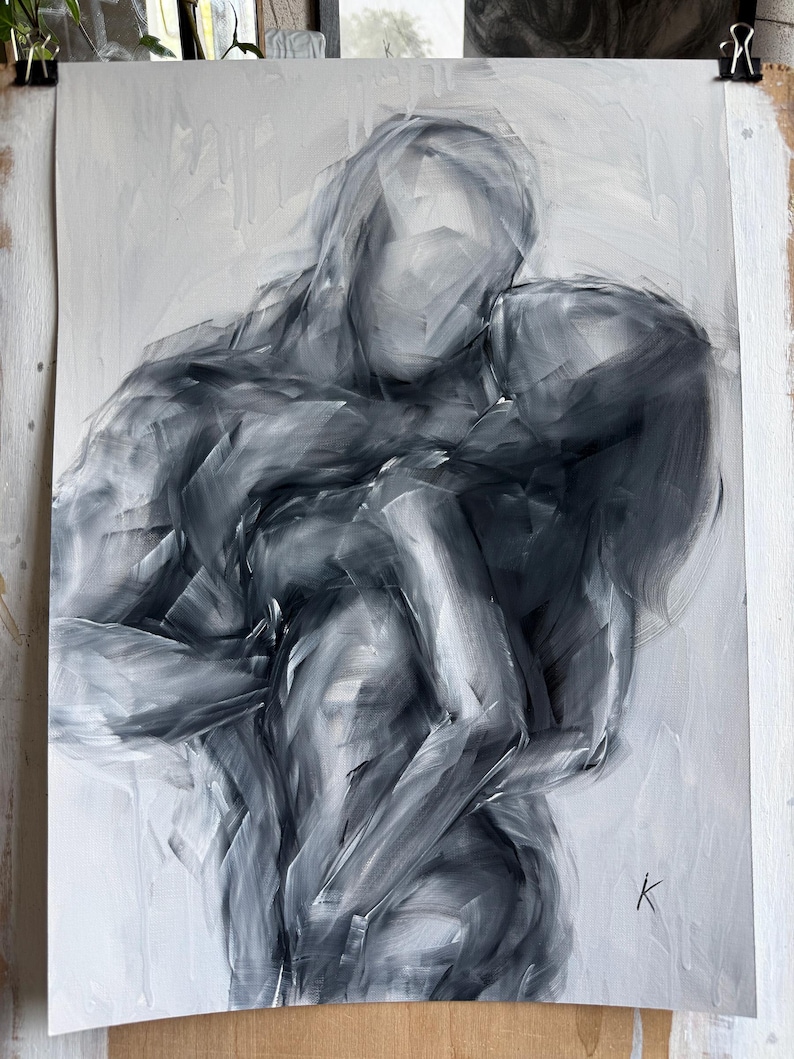 Set of 3 Original Paintings, Black and White Sensual Art, Bedroom Wall Decor image 3