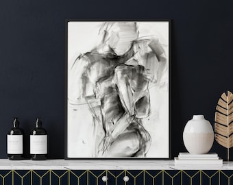 Minimalist Charcoal Drawing – Abstract Couple Embrace, Sensual Handmade Art (11.7x16.5 inch)