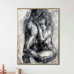 Large Minimalist Painting - Abstract Embrace of Couple - Sensual Art for Bedroom or Bathroom original not a print
