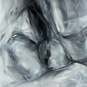 May include: An abstract oil painting on canvas featuring bold, expressive brushstrokes in shades of black, white, and gray. The composition displays a dynamic interplay of light and shadow, creating a textured, layered appearance with visible paint strokes throughout the surface.