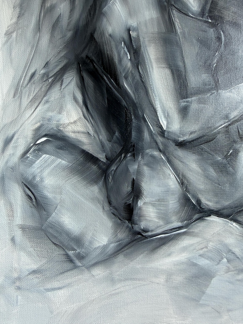 May include: An abstract oil painting on canvas featuring bold, expressive brushstrokes in shades of black, white, and gray. The composition displays a dynamic interplay of light and shadow, creating a textured, layered appearance with visible paint strokes throughout the surface.