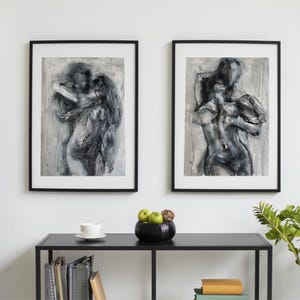 Set di dipinti ad olio originali monocromatici di coppie in bianco e nero, set di due A3 12x16,5 pollici