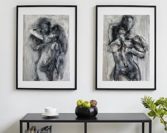 Monochrome sensual art Set - Minimalist original  Oil Paintings of Couples in Black and White, Set of two А3 12х16.5 inch