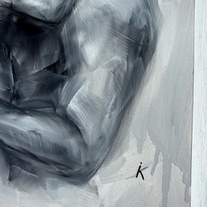 May include: An oil painting on canvas featuring a monochromatic grayscale study of a human torso. The artwork utilizes expressive, visible brushstrokes to define musculature and form, with a signature letter K in the lower right corner.