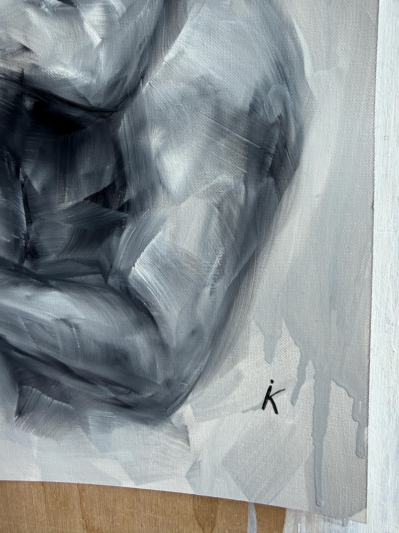 May include: An oil painting on canvas featuring a monochromatic grayscale study of a human torso. The artwork utilizes expressive, visible brushstrokes to define musculature and form, with a signature letter K in the lower right corner.