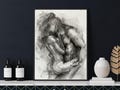 Minimalist Charcoal Drawing - Abstract Embrace of Couple - Sensual Art - handmade art