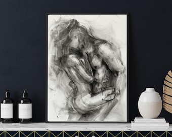 Minimalistische houtskooltekening - abstracte omhelzing van een stel - sensuele kunst - handgemaakte kunst