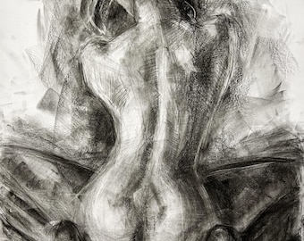 Custom Woman Nude Portrait, Abstract Charcoal Drawing, Handmade Art inch20x27,5 B2