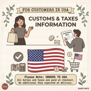 May include: An informational graphic titled FOR CUSTOMERS IN USA CUSTOMS & TAXES INFORMATION. It features illustrations of people, a shopping bag, a customs bill, a calculator, a map, a shopping cart with a US flag, and the US flag itself.