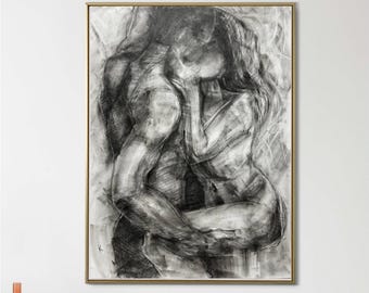Large Minimalist Charcoal Couple Portrait: Custom Handmade Art (20x28)inch B2 image size