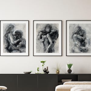 Set di dipinti ad olio originali monocromatici di coppie in bianco e nero, set di due A3 12x16,5 pollici