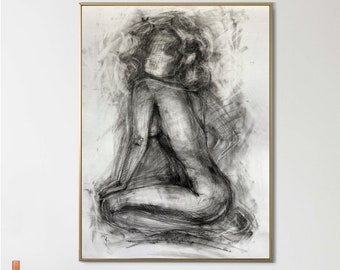 Charcoal Nude Art Painting, Large Figurative handmade drawing (20x27.5 inch)