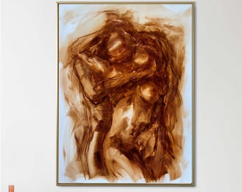 Large Minimalist Oil Painting - Abstract Embrace of Couple - Sensual Art for Bedroom