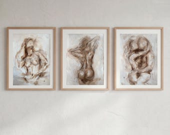 Bedroom Wall Art Set of 3 Oil Painting, Neutral Sensual Nude Triptych, Above Bed Decor, Minimalist Beige Wall Art