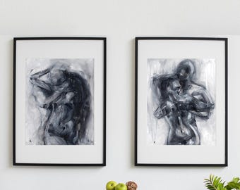 Set di due dipinti originali Sensual Art: bianco e nero, formato A3 (29,8 x 42 cm).