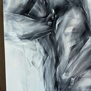 May include: An abstract painting on canvas featuring bold, expressive brushstrokes in shades of black, white, and gray. The composition displays a high-contrast interplay of light and shadow with visible paint textures and subtle drips.