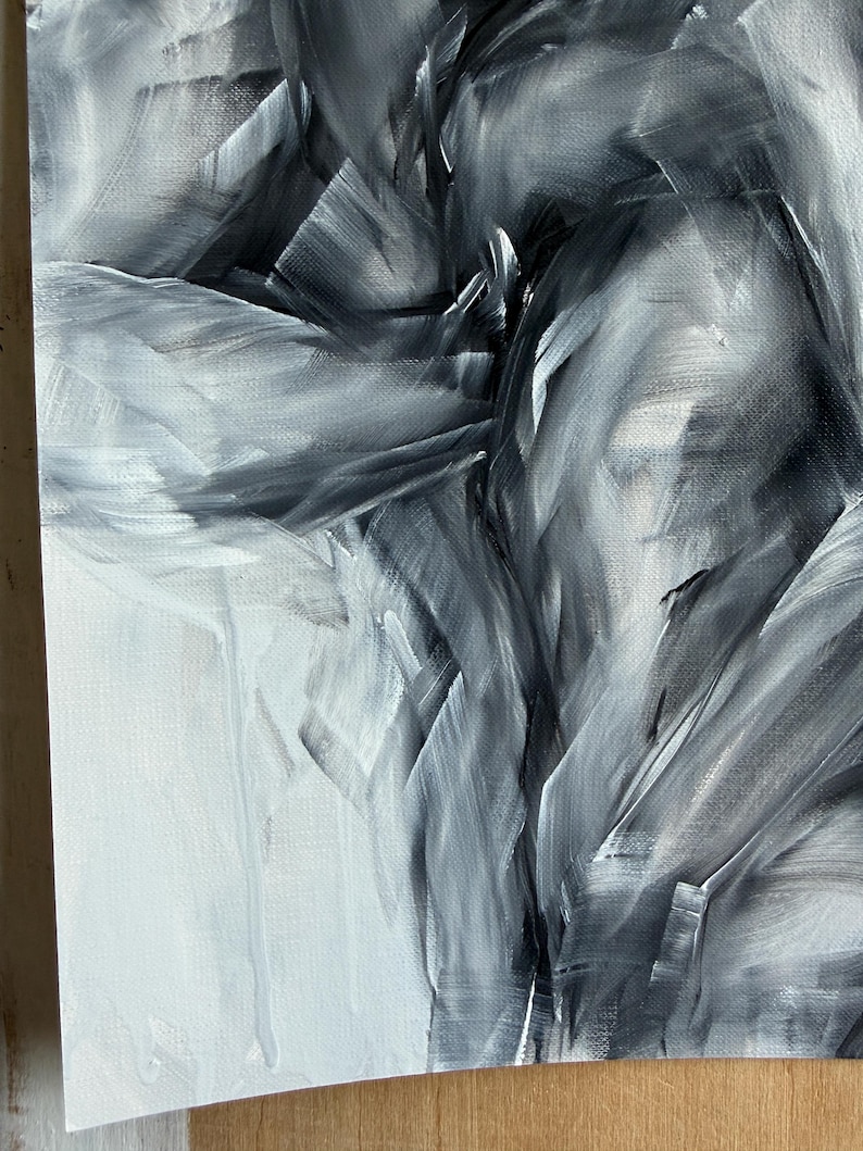 May include: An abstract painting on canvas featuring bold, expressive brushstrokes in shades of black, white, and gray. The composition displays a high-contrast interplay of light and shadow with visible paint textures and subtle drips.