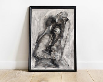 Abstract Lovers Oil Painting on Textured Canvas Paper - Monochrome A3 Art