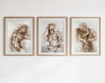 Bedroom Wall Art Set of 3 Oil Painting, Neutral Sensual Nude Triptych, Above Bed Decor, Minimalist Beige Wall Art