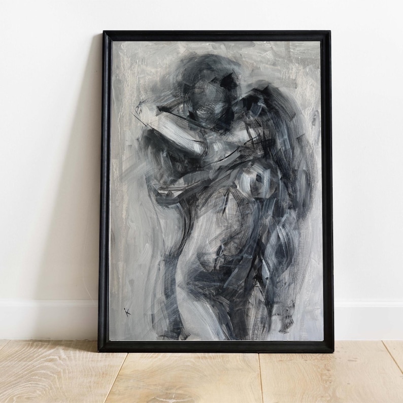 May include: Abstract black and white painting in a black frame. The artwork depicts a figure with broad brushstrokes, creating a sense of movement and emotion. The background is a muted gray, enhancing the contrast of the dark figure.