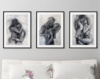 Minimalist Black and White Gallery Wall Set – Modern Bedroom Decor –  Original Oil Paintings