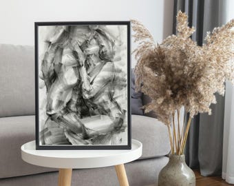 Minimalistische Kohlezeichnung - Abstrakte Umarmung eines Paares - Sinnliche Kunst - handgemachte Kunst