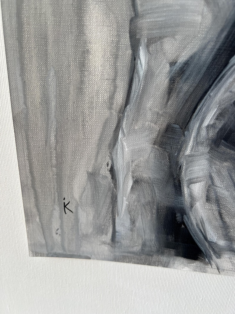 May include: A grayscale oil painting on canvas. The artwork features broad brushstrokes in shades of gray, creating a textured surface. The artist's signature, a lowercase "k", is visible in the lower left corner. The painting's subject is abstract.