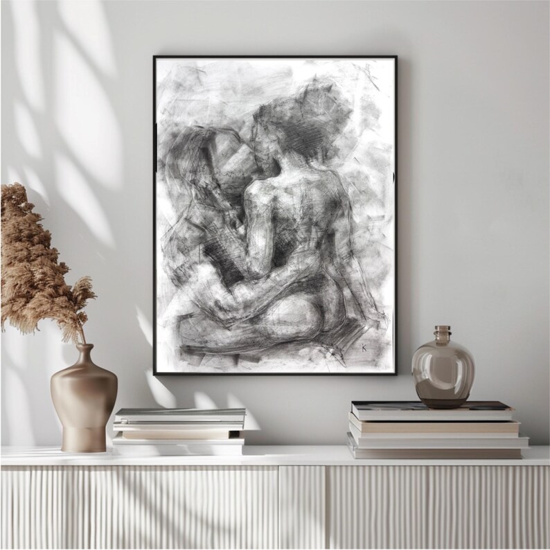 Charcoal Portrait of Two Lovers, Minimalist Sensual Drawing, Large Wall ...