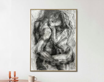 Large Sensual Minimalist Charcoal Drawing: Abstract Couple Embrace,Handmade Art (20x28 inch)