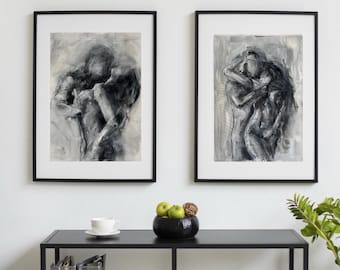 Set di due opere d'arte sensuali: dipinti originali in bianco e nero.