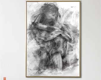 Charcoal Drawing of Embracing Couple, Sensual Bedroom Art, Large Minimalist Wall Piece